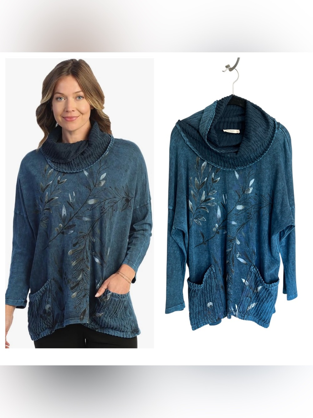 Jess & Jane Whisper Mineral Washed Cowl Neck Cotton Tunic Top blue boho artsy M